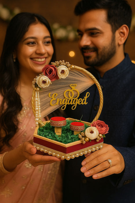 1 pcs Handcrafted Round Platter Holder Tray Engagment Ring Platter Flat Base Floral  Design  2 Ring Platter Function Wood Decorative Platter