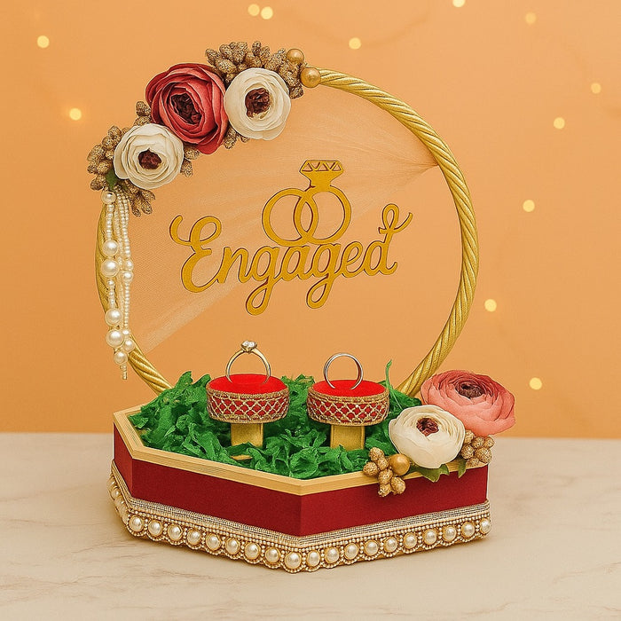 1 pcs Handcrafted Round Platter Holder Tray Engagment Ring Platter Flat Base Floral  Design  2 Ring Platter Function Wood Decorative Platter