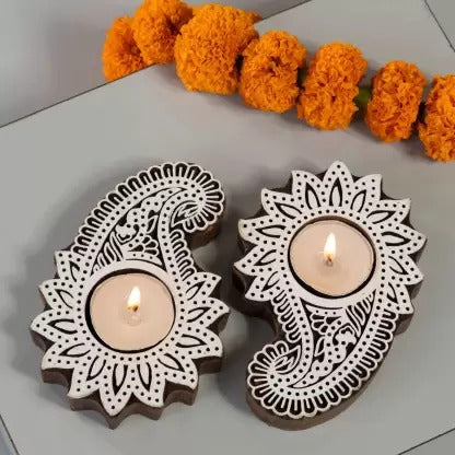 SATYAM KRAFT 2 Pcs Wooden Candle Holder with 2 wax candle, Floor Decoration Reusable for Puja Decor.