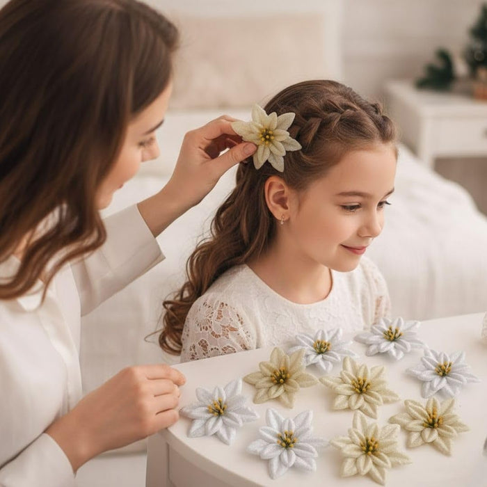 12 Pcs (6 Pcs Golden & 6 Pcs Silver) Artificial Christmas Poinsettia Flowers | Fabric Decorative Flowers for Xmas Tree, Home Décor, Christmas, Festival Decoration (Golden & Silver)