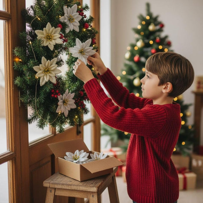 12 Pcs (6 Pcs Golden & 6 Pcs Silver) Artificial Christmas Poinsettia Flowers | Fabric Decorative Flowers for Xmas Tree, Home Décor, Christmas, Festival Decoration (Golden & Silver)