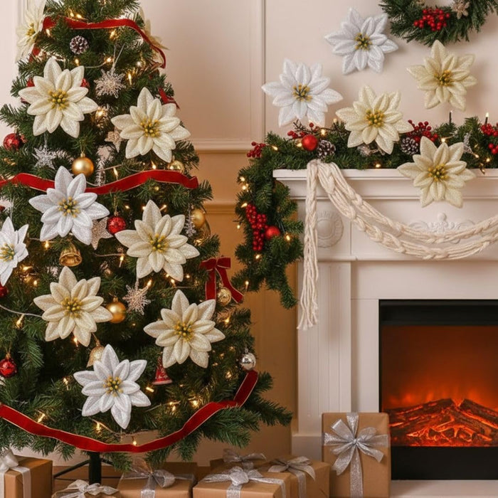 12 Pcs (6 Pcs Golden & 6 Pcs Silver) Artificial Christmas Poinsettia Flowers | Fabric Decorative Flowers for Xmas Tree, Home Décor, Christmas, Festival Decoration (Golden & Silver)