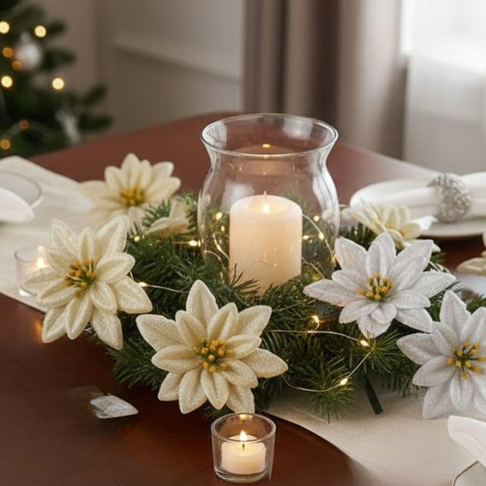 12 Pcs (6 Pcs Golden & 6 Pcs Silver) Artificial Christmas Poinsettia Flowers | Fabric Decorative Flowers for Xmas Tree, Home Décor, Christmas, Festival Decoration (Golden & Silver)