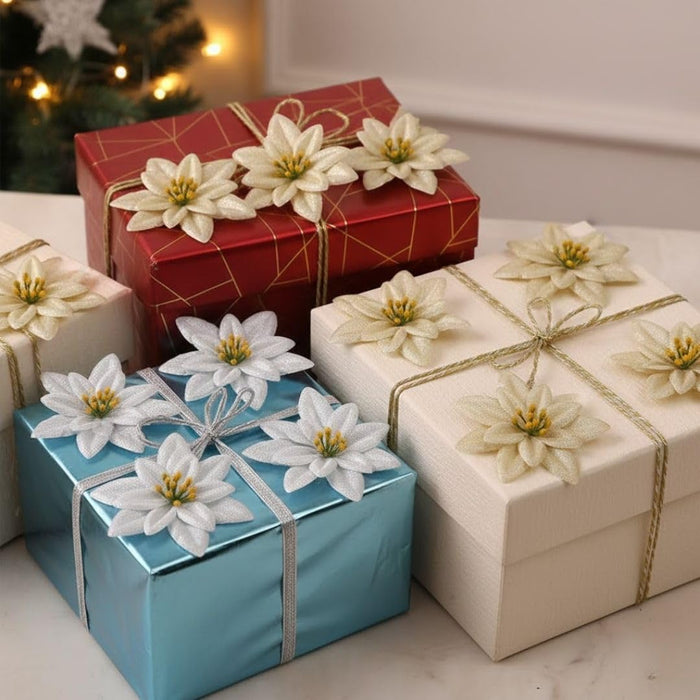 12 Pcs (6 Pcs Golden & 6 Pcs Silver) Artificial Christmas Poinsettia Flowers | Fabric Decorative Flowers for Xmas Tree, Home Décor, Christmas, Festival Decoration (Golden & Silver)