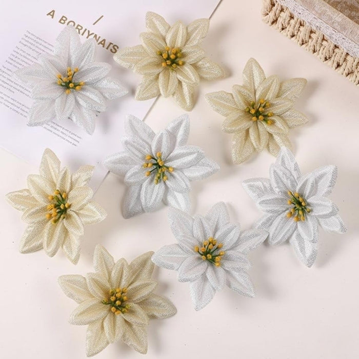 12 Pcs (6 Pcs Golden & 6 Pcs Silver) Artificial Christmas Poinsettia Flowers | Fabric Decorative Flowers for Xmas Tree, Home Décor, Christmas, Festival Decoration (Golden & Silver)