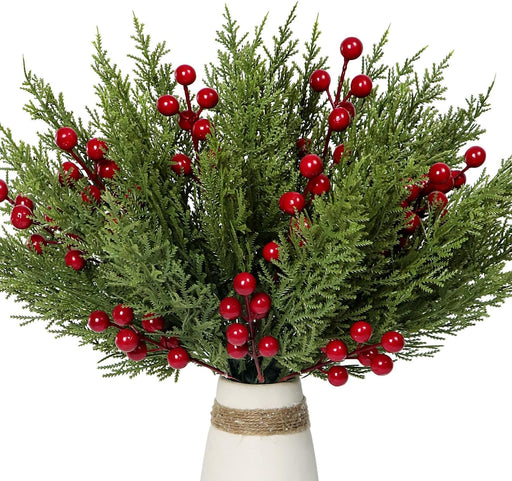 1 Set (12 PCS Artificial Pine Branches with 4 PCS Red Berry Stems) | Decorative Flowers for Home Décor, Vase Decor, Christmas, Festival Decoration (Red & Green)
