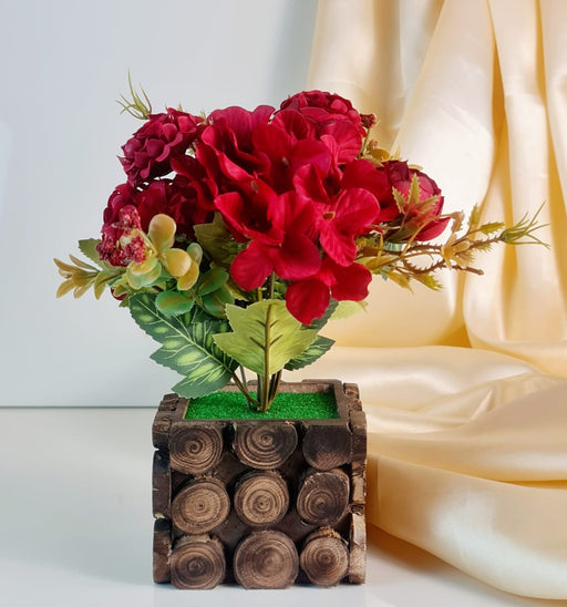 1 pc Artificial Peony Fake Flowers Bunch with Wooden Pot for Home Decor,Room Decorations, Gifting, Living Room (Pack of 1)
