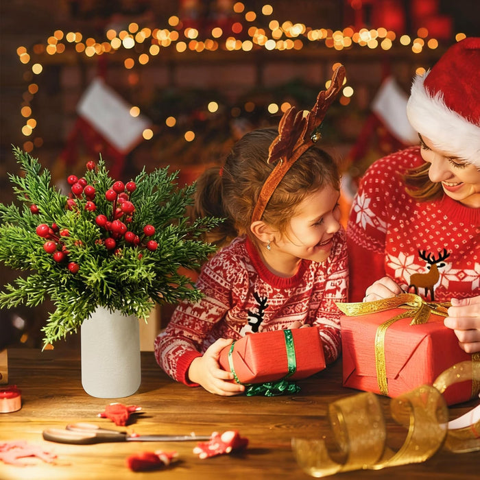 1 Set (12 PCS Artificial Pine Branches with 4 PCS Red Berry Stems) | Decorative Flowers for Home Décor, Vase Decor, Christmas, Festival Decoration (Red & Green)