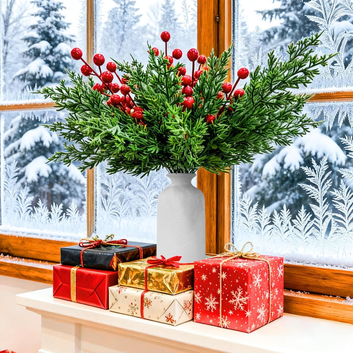 1 Set (12 PCS Artificial Pine Branches with 4 PCS Red Berry Stems) | Decorative Flowers for Home Décor, Vase Decor, Christmas, Festival Decoration (Red & Green)