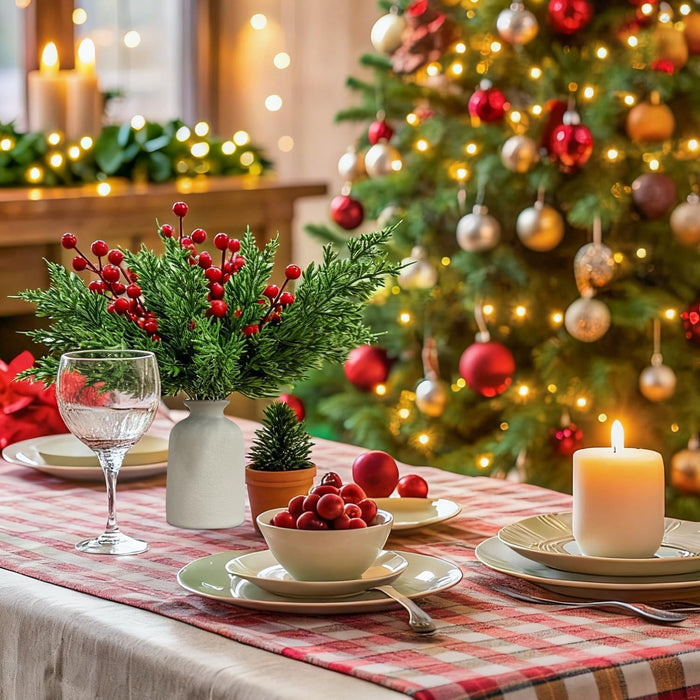 1 Set (12 PCS Artificial Pine Branches with 4 PCS Red Berry Stems) | Decorative Flowers for Home Décor, Vase Decor, Christmas, Festival Decoration (Red & Green)