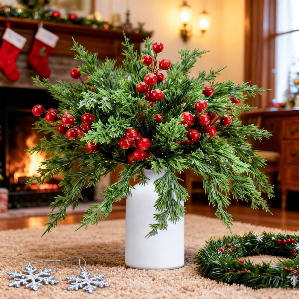 1 Set (12 PCS Artificial Pine Branches with 4 PCS Red Berry Stems) | Decorative Flowers for Home Décor, Vase Decor, Christmas, Festival Decoration (Red & Green)