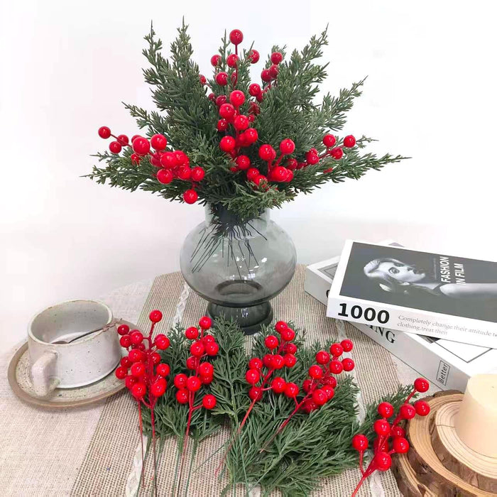 1 Set (12 PCS Artificial Pine Branches with 4 PCS Red Berry Stems) | Decorative Flowers for Home Décor, Vase Decor, Christmas, Festival Decoration (Red & Green)