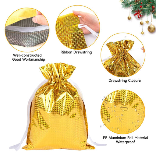 Big Size Geletin Shiny foil Paper Drawstring stylish Storage Potli pouches for Christmas Gifting, Small Jewelries, Money, Paper Notes Women Wallet, Gift Bags, return gift, Women handbag Shagun Pouch, Candy Bags.(Max 28 cm Height) (Golden)