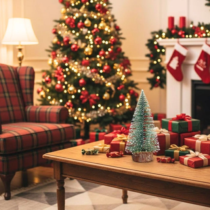 9 Pcs (30 cm) Artificial Mini Christmas Tree Beautiful Pine Tree Miniature with Wooden Base | Snow-Flocked Xmas Tree for Gifting, Home, Office, Tabletop & Christmas Decoration