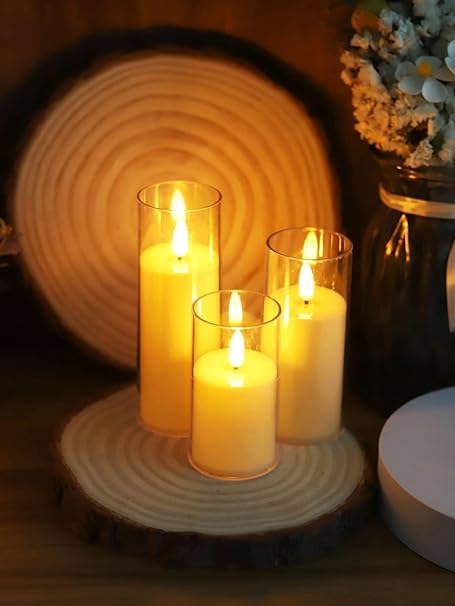 3 pcs Flameless Led Tea Light Piller Candle for Home Decoration, Gifting, House, Light for Balcony, Room, Birthday, Diwali, Festival (large)