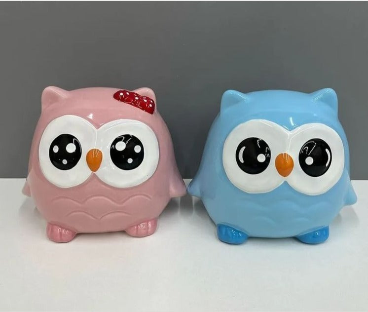1 Piece Ceramic Owl Design Gullak Piggy Bank for Rupees Savings - Coin Storage Tip Box Ideal for Kids and Adults - Money Kilona Pikibank ATM Coinbox Gulak (Pack of 1) (Blue)