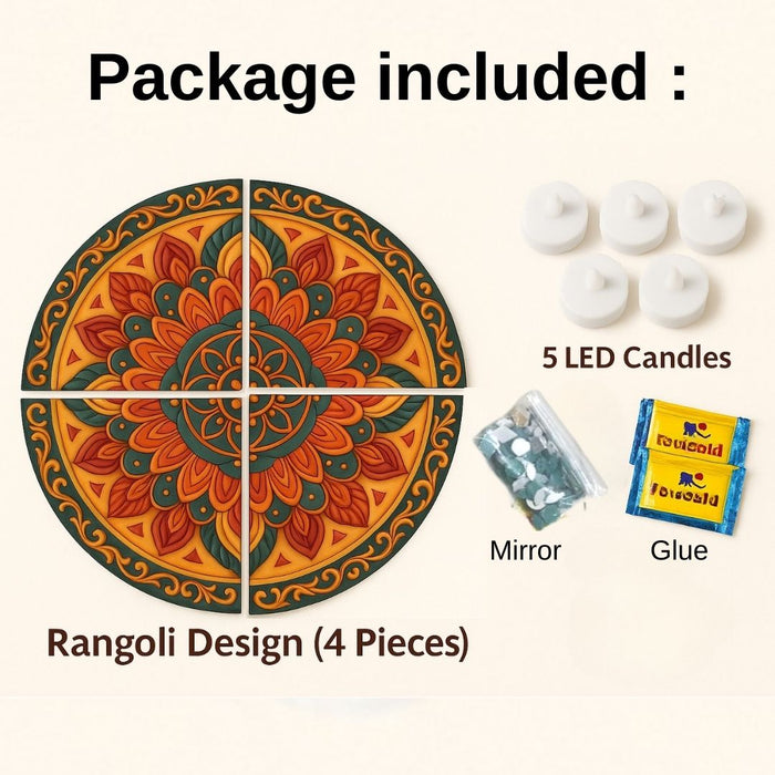 India’s First 3D DIY Rangoli Kit with Mirror Design | 17 Inch | Includes 5 Free LED Candles (Flower  Peacock)
