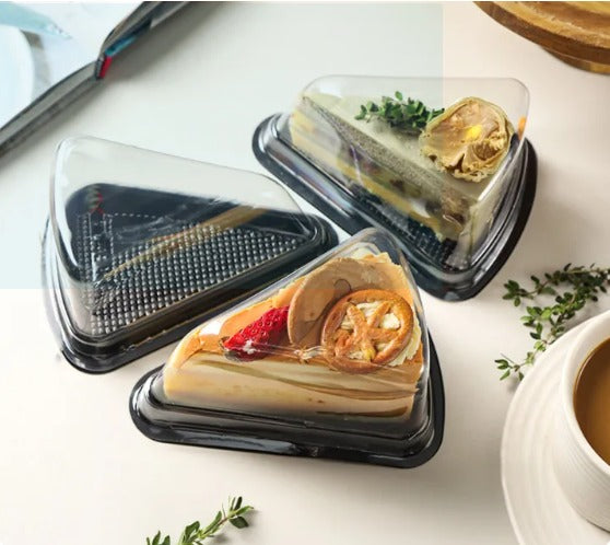 Triangle Pastry Box with Clear Lid & Black Base for Cake Slice, Pastry, Dessert, Bakery Packing, Birthday Party, Catering & Return Gift Packaging
