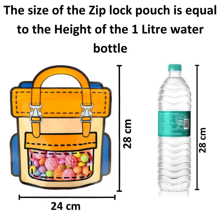 20 Pcs Big Backpack style Ziplock Goodie  Pouches  With Handle For Gifting, Return Gifts, Birthday, Baby Shower, Party Pouches | Chocolate & Dry Fruit Packing (Big)(28 x 24 cm)