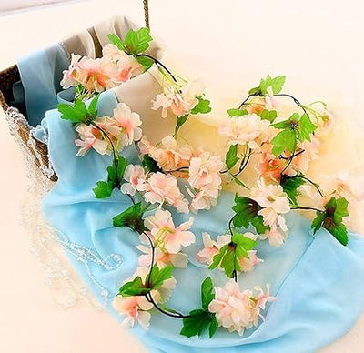 3 Pcs Artificial Cherry Blossom Rattan Flowers(Peach) Wall Hanging Decorative Vine String Lines Items for Diwali Decoration, Backdrop for Pooja Room, Home Decor (230 cm)