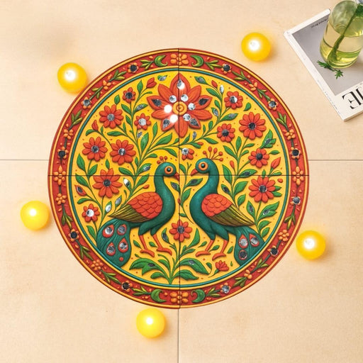 India’s First 3D DIY Rangoli Kit with Mirror Design | 17 Inch | Includes 5 Free LED Candles (Flower  Peacock)