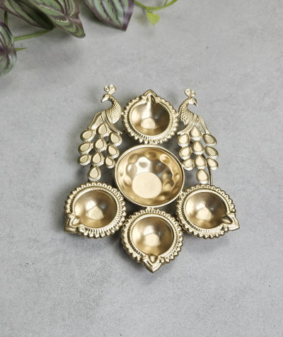 2 Pcs Decorative Peacock Design Gold Polish Decorative Urli Bowl Candle Holder for Home Decor,Mandir Decor,Diwali Decor, Floating Flowers,Candles Diya holder, Office,Table Decor, Entrance Decoration Item (Pack of 2) (Golden)