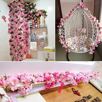 Artificial Cherry Blossom Rattan Flowers(pink) Wall Hanging Decorative Vine String Lines Items for Diwali Decoration, Backdrop for Pooja Room, Home Decor (230 cm)