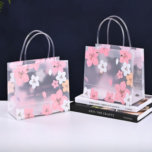12 Pcs Transparent Gift Bag with Floral Print & leather Handle | Gift Bag for Her/Him, Handle hamper bag, Carry Bags, shopping gift bag, Presents, Packing, Wedding Return Gifts, Birthday, Events, Festivals (24 cm x 22 cm)