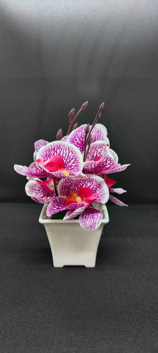 SATYAM KRAFT 2 Pcs Artificial Orchid Fake Flower with Plastic Pot Plant Decorative Items for Home, Balcony, Room, Living Room, Diwali Decoration Plants