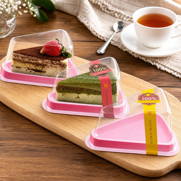 Triangle Pastry Box with Clear Lid & Pink Base for Cake Slice, Pastry, Dessert, Bakery Packing, Birthday Party, Catering & Return Gift Packaging