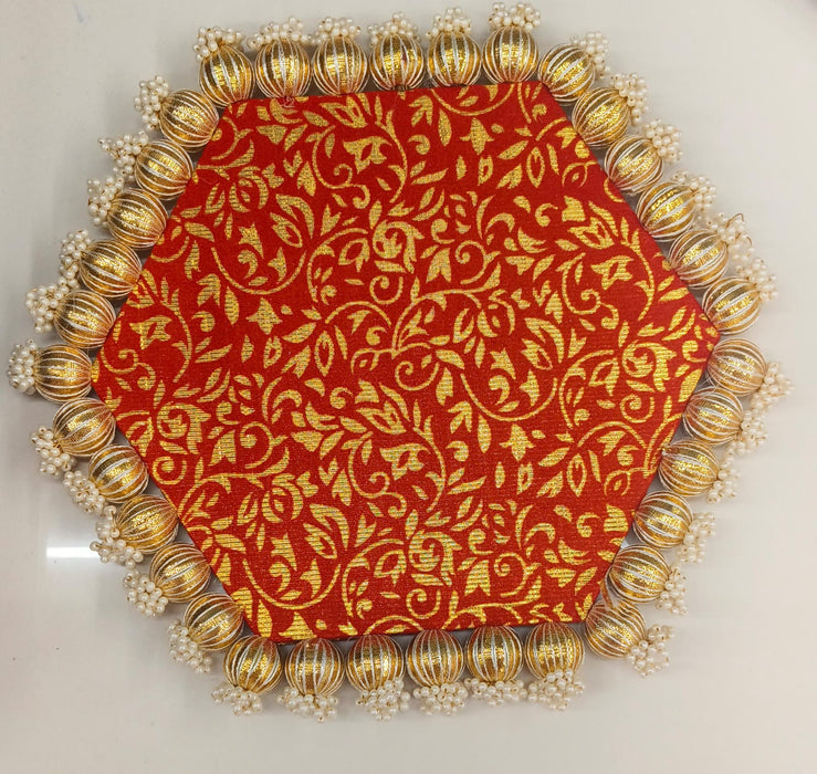 1 pcs Hexagone Shape Handmade Gota Patti Rakhi Platter, Pooja Thali with jumkhi | Wedding Ring Ceremony Tray, Ganpati Pooja Thali, Mandir, Housewarming, Marriage Gift, Table Decoration, Rakshabhandhan (10 Inch)