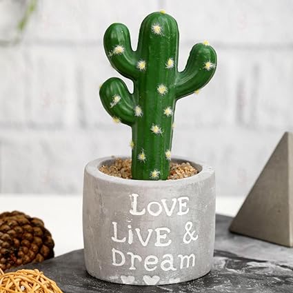 SATYAM KRAFT 1 Pc Cactus Succulent Indoor Plant with Aesthetic Cement Pot, Artificial Flower Plant - Designer Ceramic Pot for Gifting (Pack of 1) (Small) (Grey and Green Color)
