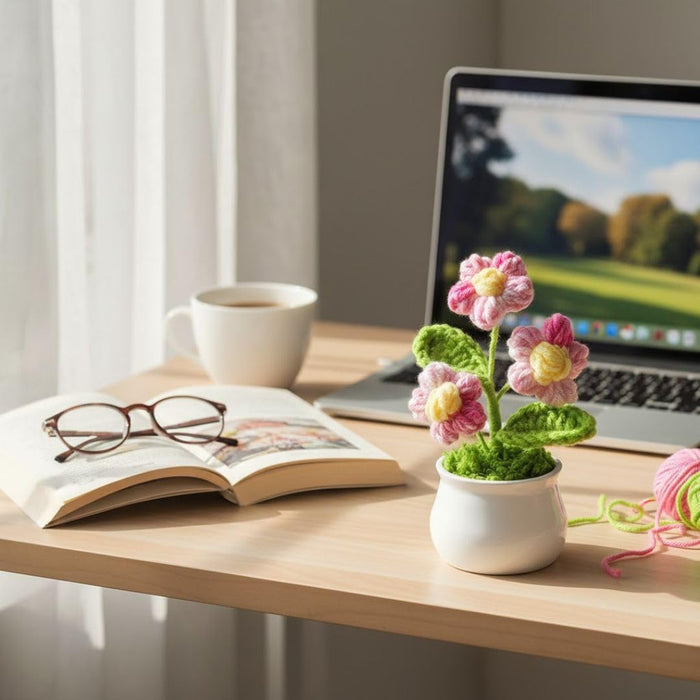 3 Pcs Handmade Sunflower & Daisy Crochet Flowers with Pot Completed Hand Woven Sunflowers Daisy Knitted Potted flower Plants Cute Knitted Flower pot for Home Decoration,Table Top,Table Decoration,Knitted sunflower pot gift for her/him.