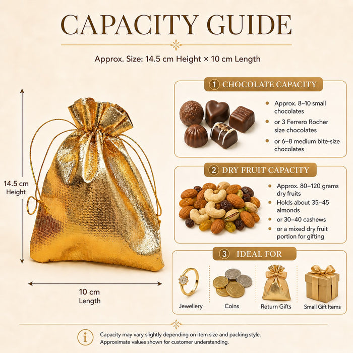 50 Pcs Non-Woven Drawstring Gift Pouch Bag, Premium Shiny Potli Bag for Chocolates, Dry Fruits, Jewellery, Coins, Return Gifts, Wedding, Birthday & Party Favour Packaging