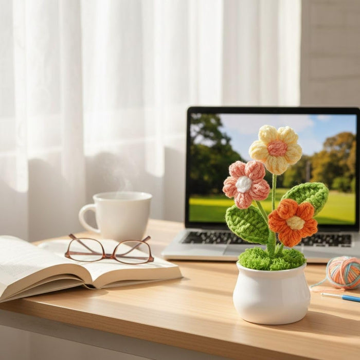 1 Pcs Artificial Crochet Flower Bouquet/Artificial Flowers Bunch/Crochet Flowers Bouquet/Crochet Flowers/Flowers Bouquet Gift for Girls Home Decor, Gifting (13.5 cm height)