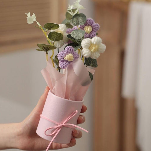 2 Pcs Artificial Daisy Crochet Flower Bouquet with Pot | Gifting for Him/Her, Girlfriend, Boyfriend, Anniversaries, Wedding, Birthday | Home Decoration, Table Decor, Room Decor, Living Room, Bedroom, Office Desk, Aesthetic Centerpiece Decor (Fabric)