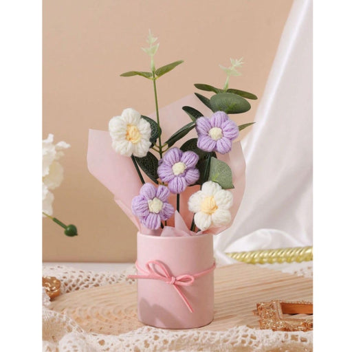 2 Pcs Artificial Daisy Crochet Flower Bouquet with Pot | Gifting for Him/Her, Girlfriend, Boyfriend, Anniversaries, Wedding, Birthday | Home Decoration, Table Decor, Room Decor, Living Room, Bedroom, Office Desk, Aesthetic Centerpiece Decor (Fabric)