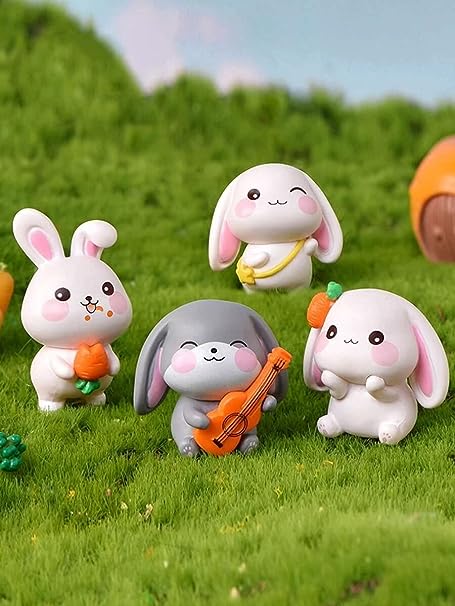 1 Set Rabbits Miniature Set for Unique Gift, Home, Bedroom, Living Room, Office, Restaurant Decor, Figurines and Garden Decor Items - Resin (Multicolor) (4 Piece in 1 Set)