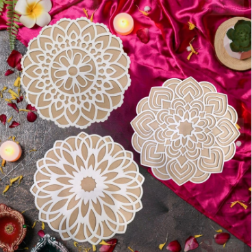 SATYAM KRAFT 3 PCS MDF Rangoli Mat with Wooden Base. Easy to Use. Just Fill It Up with Rangoli,Flowers,Pulses Inland Rangoli Stencils Border for Floor Home Diwali Decoration DIY (Basic Pack of 3)