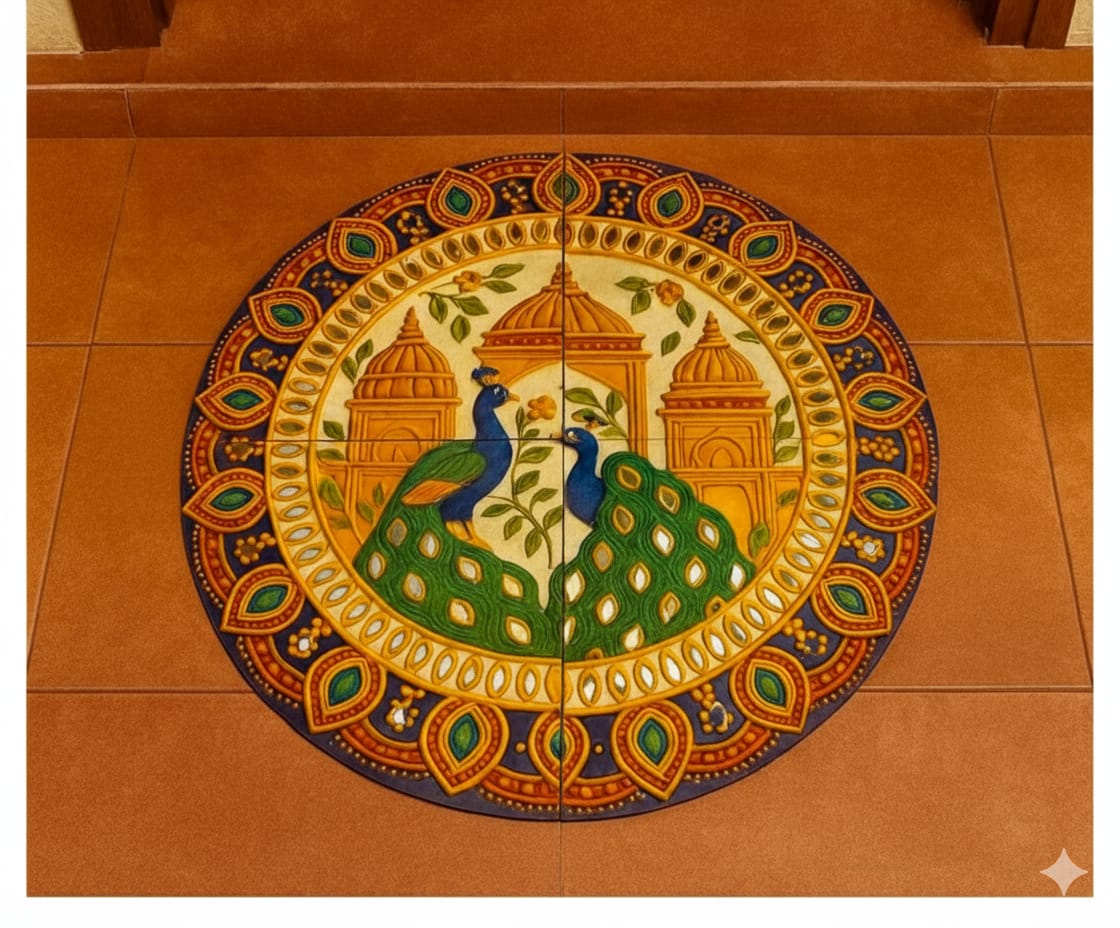 NO LED CANDLES India’s First 3D DIY Rangoli Kit with Mirror Design  | 17 Inch(Palace Peacock)