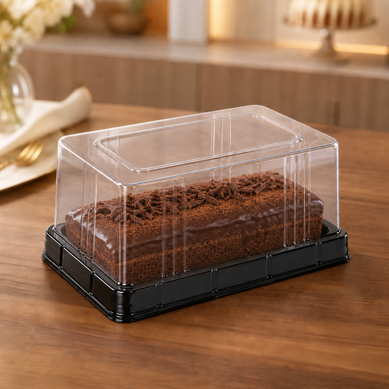Rectangular Clear Cake Box with Black Base, Transparent Plastic Bakery ...