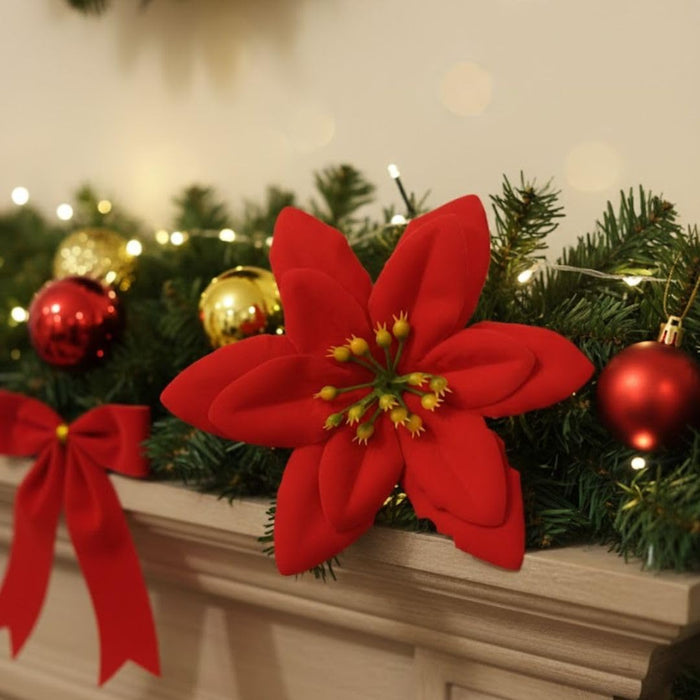 12 Pcs Artificial Christmas Poinsettia Flowers | Velvet Fabric Decorative Flowers for Xmas Tree, Home Décor, Christmas & Festival Decoration ( you get only Red flower)