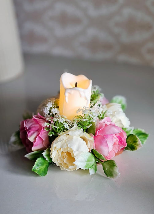 2 Pcs Artificial Flower Center Table Candle Holders with LED candle for Center Table Decor, LED Tealight Candle with Artificial Floral Arrangement, Home Decoration, Housewarming, Wedding, and Festive Decor(5 Inch)