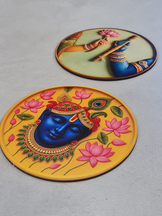 3 Pcs Krishna Theme Wall Décor  Plate Set (8 Inch, 3mm MDF) | DIY Kit with Abhla & Glue | Home, Pooja Room & Diwali Decoration, Gifting
