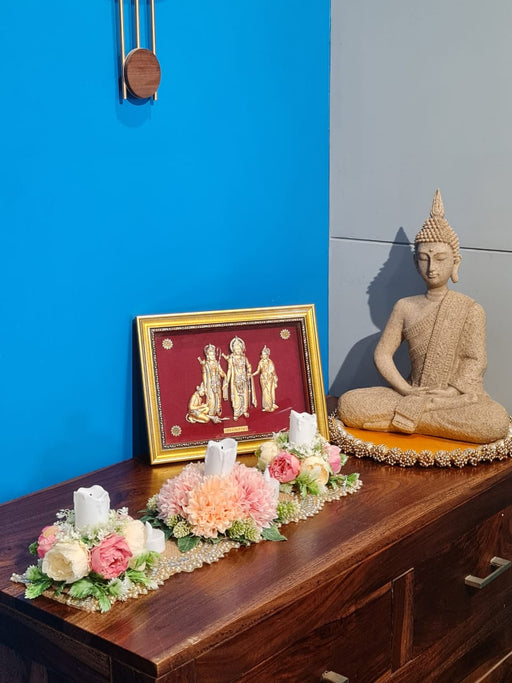 Artificial Flower Center Table Runner Candle Holders with LED candle for Center Table Decor, LED Tealight Candle with Artificial Floral Arrangement, Home Decoration, Housewarming, Wedding, and Festive Decor