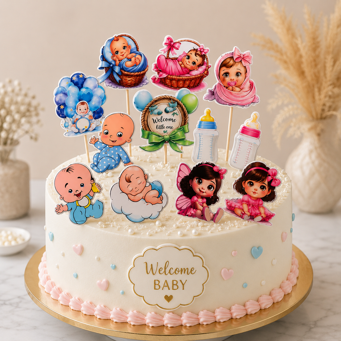 6 Pcs Baby Shower Cutout Set | Baby Boy & Baby Girl Theme Cutouts | Cake Topper & Party Decoration Kit (size 13 cm to 15 cm )