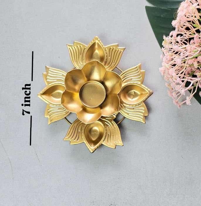 4 lotus matel diya Round Gold Polish Decorative Urli Bowl for Home Decor,Mandir Decor, Floating Flowers,Candles Diya holder, Office,Table Decor, Entrance Decoration Item (Pack of 2) (Golden)
