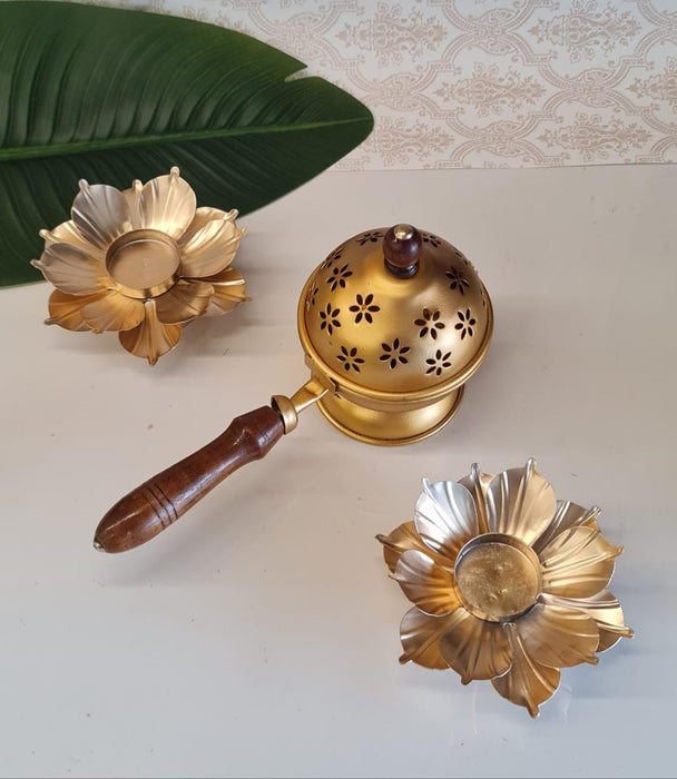 Combo Set of Dhoop Dani with Metal Lotus | Pooja, Home Purifying, Loban & Incense Burner, Diwali Décor