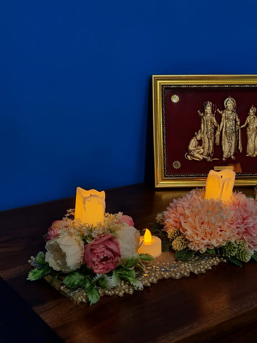 Artificial Flower Center Table Runner Candle Holders with LED candle for Center Table Decor, LED Tealight Candle with Artificial Floral Arrangement, Home Decoration, Housewarming, Wedding, and Festive Decor