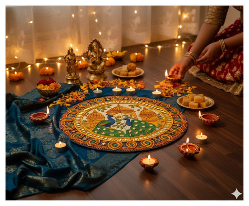 NO LED CANDLES India’s First 3D DIY Rangoli Kit with Mirror Design  | 17 Inch(Palace Peacock)